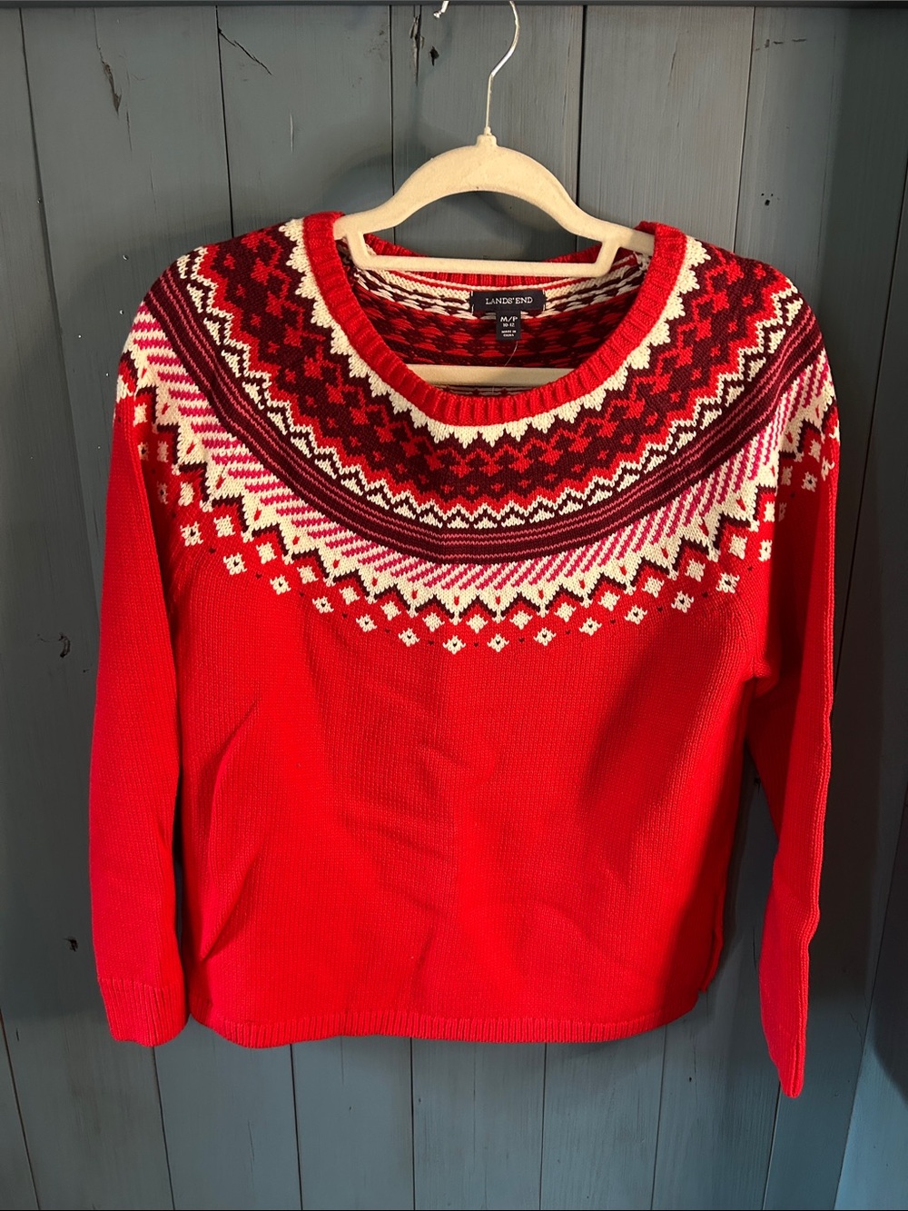 Lands' End Red Fair Isle Scoopneck Sweater with White and Burgundy Accents | MP